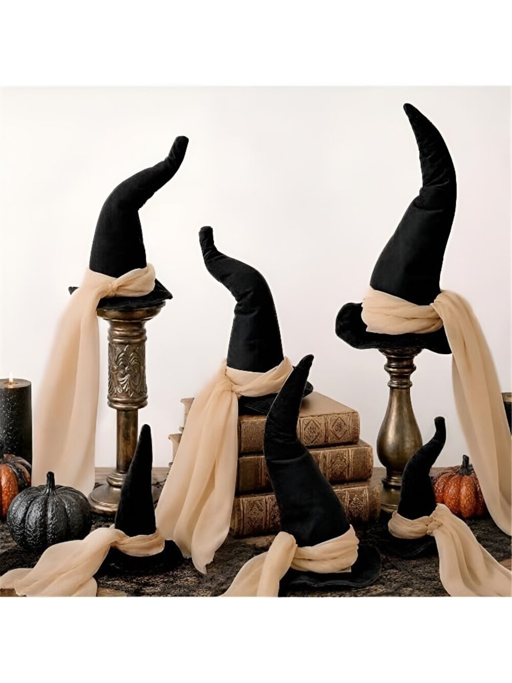 6 Pcs 3 Size Halloween Witch Hat Table Centerpieces with Gauze Ribbon